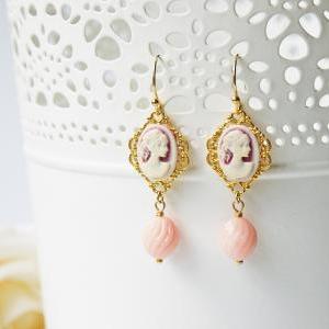 Victorian Style Cameo Earrings Pastel Pink Lady..