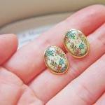 Vintage Floral Cabochon Post Earrings Oval Glass..