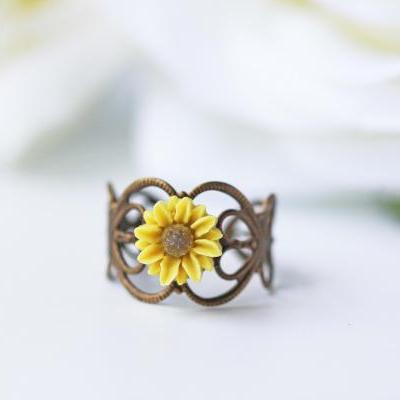 Yellow Sunflower Ring Antique Brass Filigree Adjustable Ring