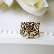 Victorian Style Antique Gold Filigree Ring. Natural Brass. Nikel And Lead Free. For Sensitive Skin