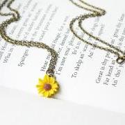 Sunflower Necklace. Antique Brass Yellow Sunflower Necklace. Dainty Simple Adorable