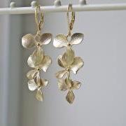 Wedding Bridal Bridesmaid Jewelry Matte Gold Orchid Earrings. Flower Earrings Dangle Earrings