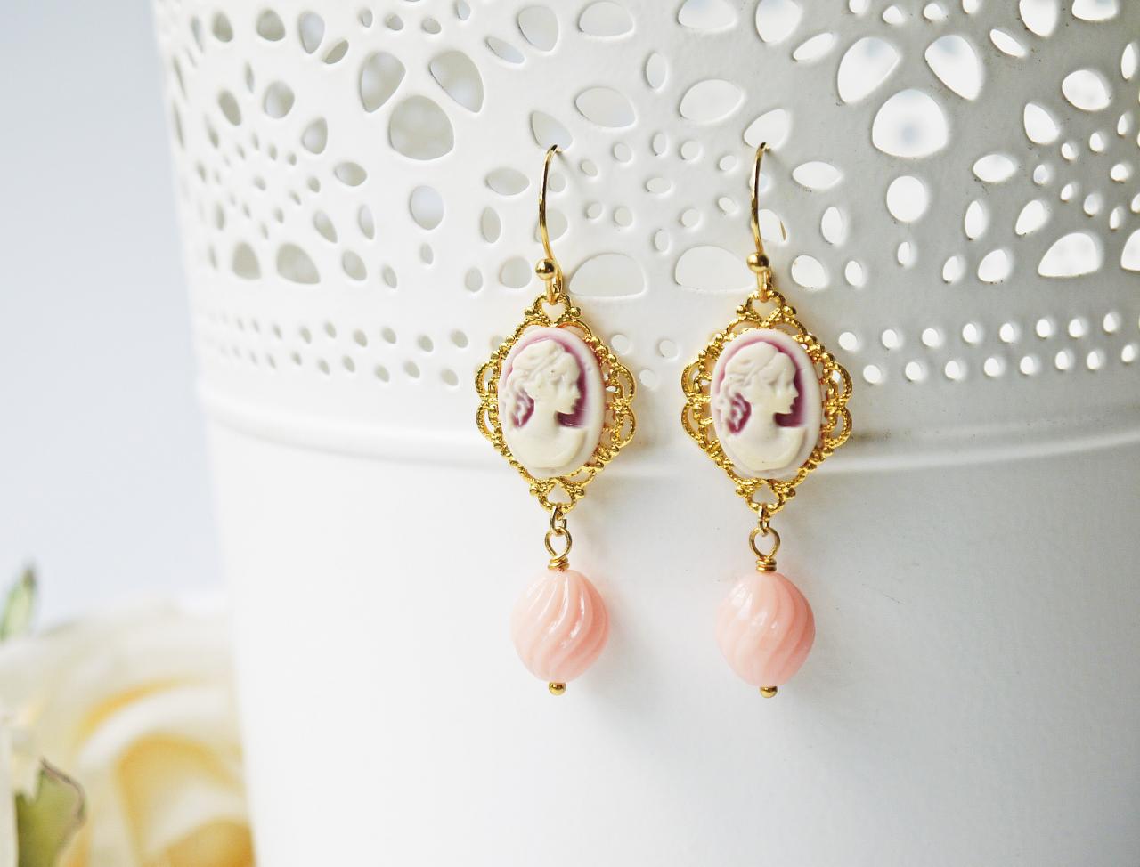 Victorian Style Cameo Earrings Pastel Pink Lady Cameo Gold Filigree Dangle Earrings